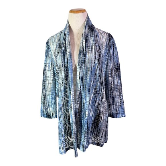 Kasper Size L Blue Sheer Open-Front Cardigan Jacket 3/4 Sleeves - Picture 1 of 12